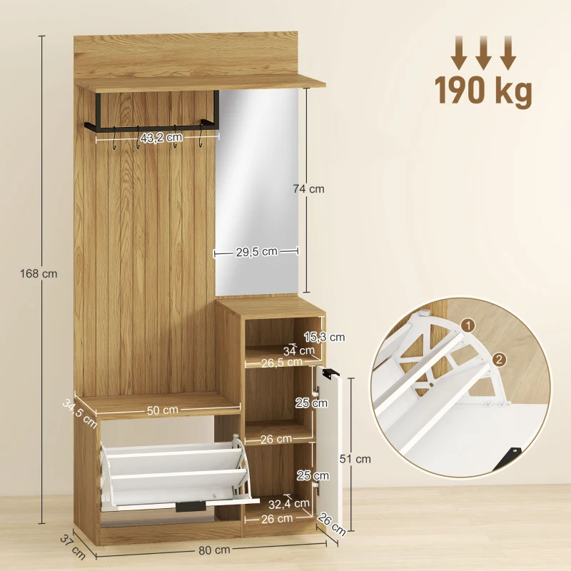 HOMCOM Perchero Entrada Recibidor con Zapatero Armario Estantes Abiertos y 4 Ganchos 80x37x168 cm Roble