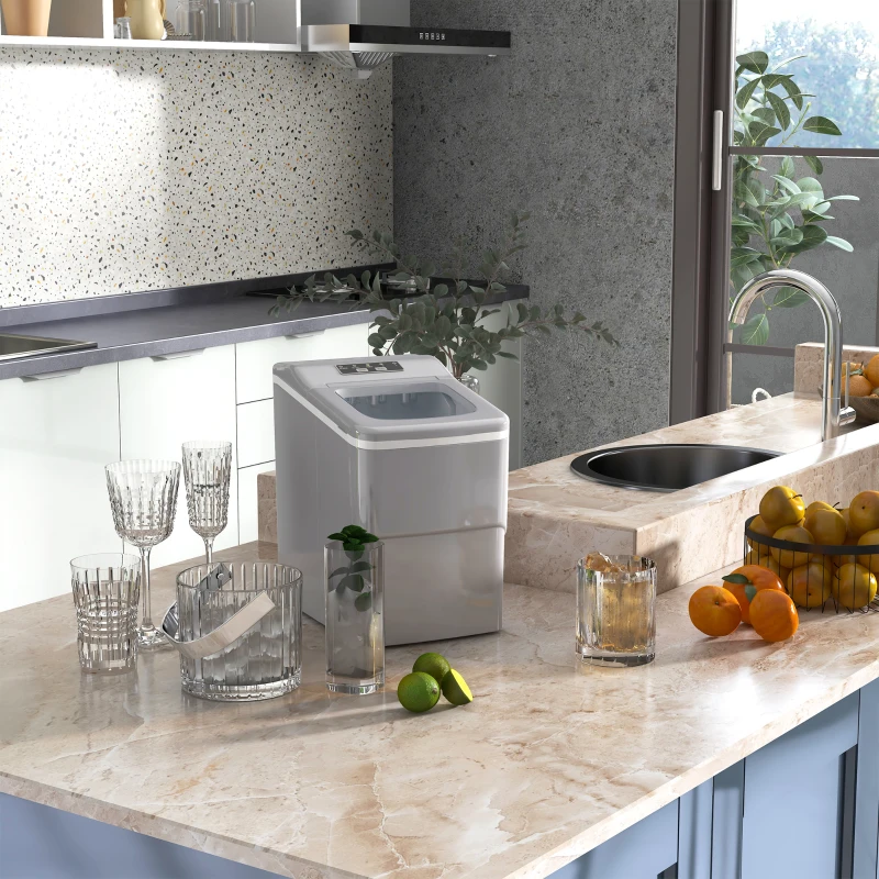 HOMCOM Machine à glaçons autonettoyante, 12kg en 24h, 9 glaçons en 8 minutes, ice maker Portable Avec cuillère et panier, capacité réservoir eau 1,8 L, pour la maison/cuisine/camping, PP argenté