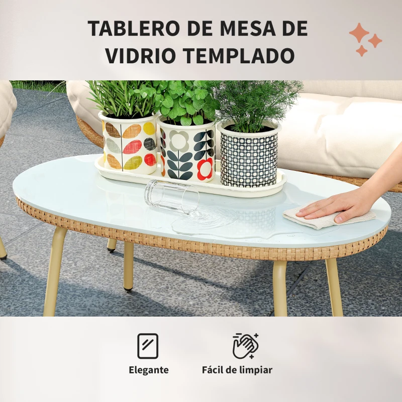 Outsunny Conjunto de Muebles de Jardín de Rattán de 4 Piezas con Cojines Sofá 2 Sillones y Mesa de Centro Beige
