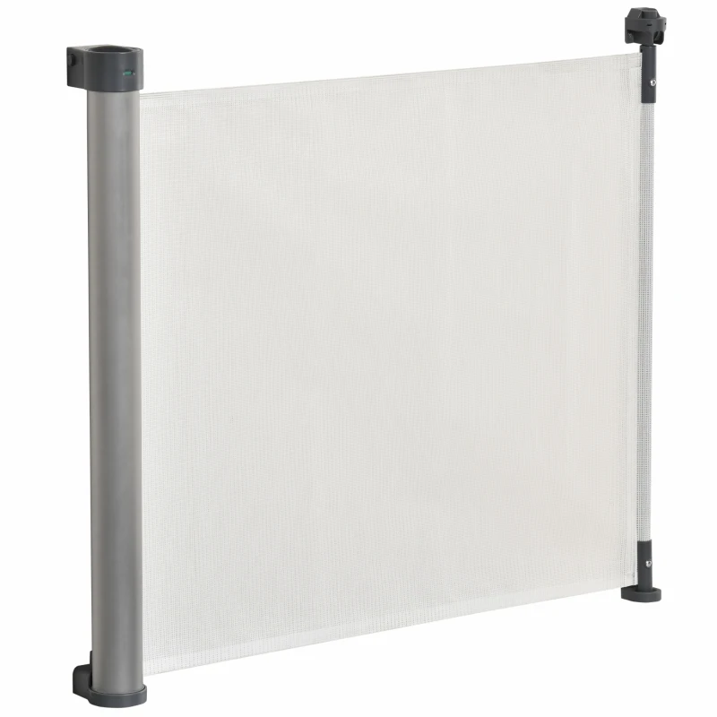 PawHut Barrière animaux rétractable automatique barrière de sécurité enroulable pour escaliers barrière extensible opération à une main dim. 1,4L x 0,88H m aluminium maille PVC blanc