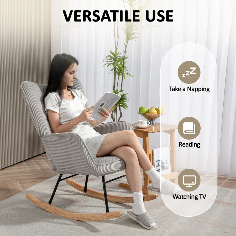 HOMCOM Fotel bujany, fotel relaksacyjny z imitacji sztruksu, z podłokietnikami, tapicerowany z wysokim oparciem, drewniane płozy, nowoczesny fotel do salonu i sypialni, do 120 kg, jasnoszary