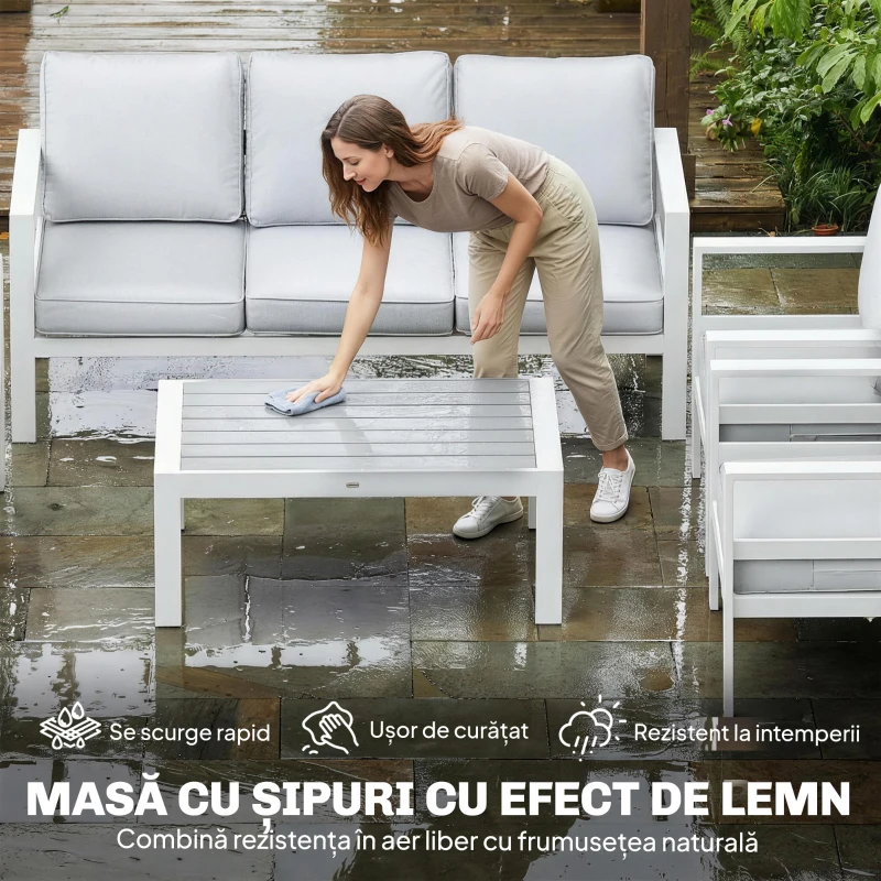Outsunny Mobilier de Grădină din Aluminiu cu Canapea 3 Locuri, 2 Fotolii și Masă pentru Exterior, Alb