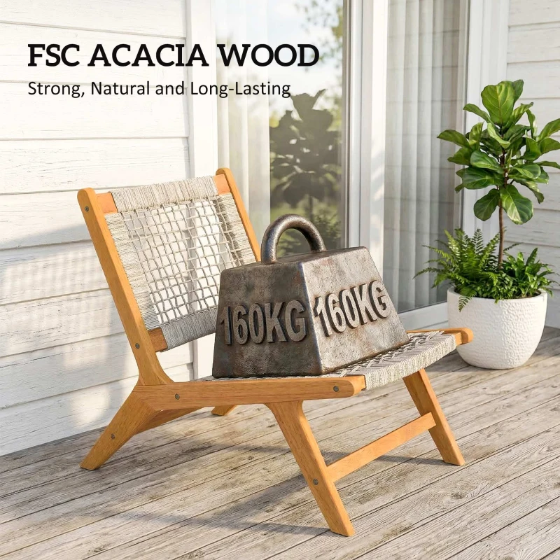 Outsunny Tuinloungestoel met voetenbank 2-delig FSC Acaciahout outdoor loungeset met rattan zitting, Boho-stijl, verstelbare poten