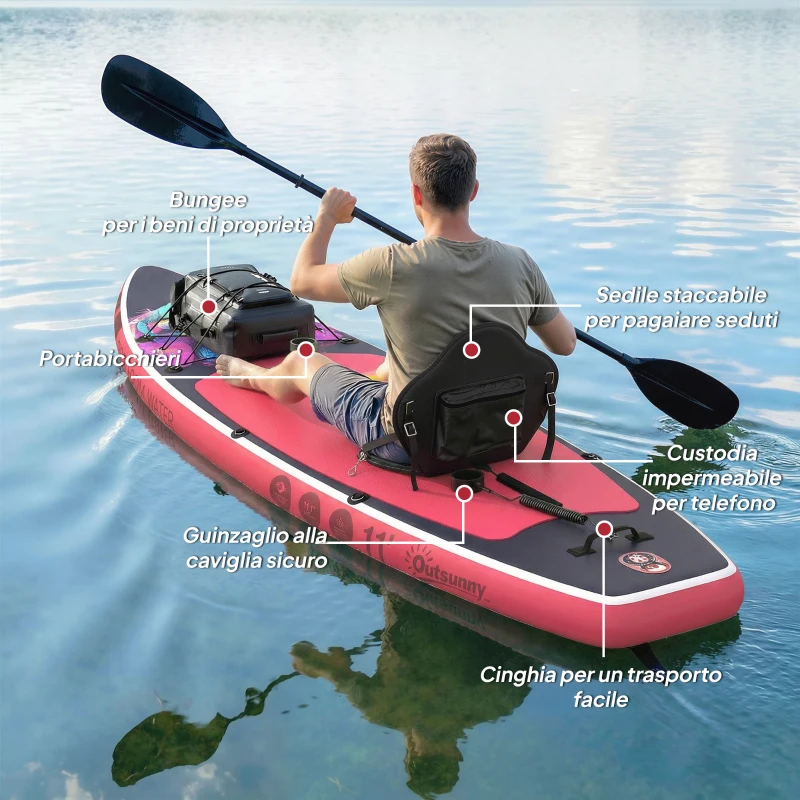 Outsunny Sup Gonfiabile con Sedile, Pagaia e Accessori, in Plastica ed EVA, 335x82x15 cm, Blu e Rosa