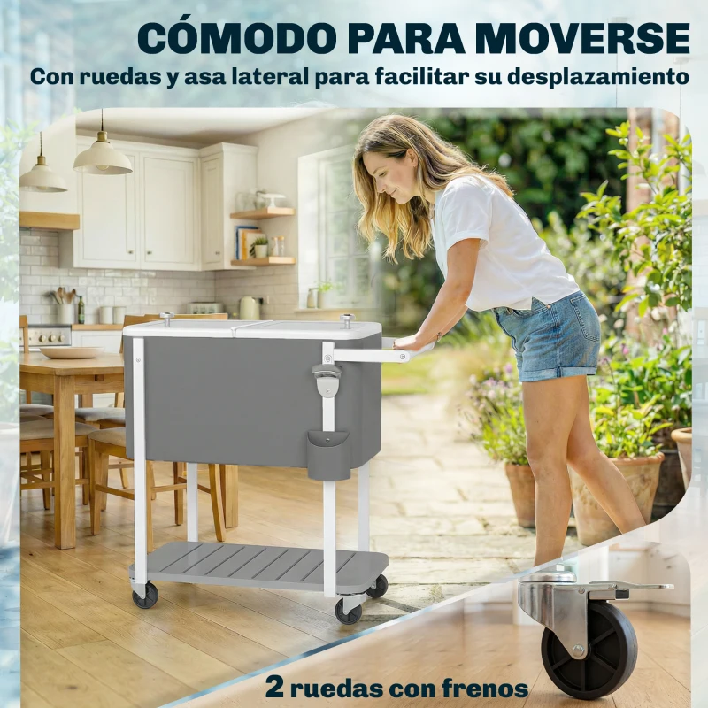 Outsunny Carrito Nevera de 56L con Ruedas Estante Abrebotellas Recogetapas Drenaje y Asa para Patio Fiesta 84x38x83 cm Gris