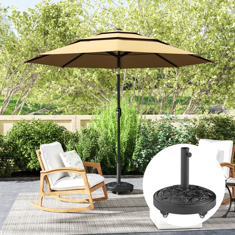 Outsunny Parasol Base, Umbrella Base with Wheels Cast Iron Effect, for Umbrella, Canopy, Weather Resistant, Black