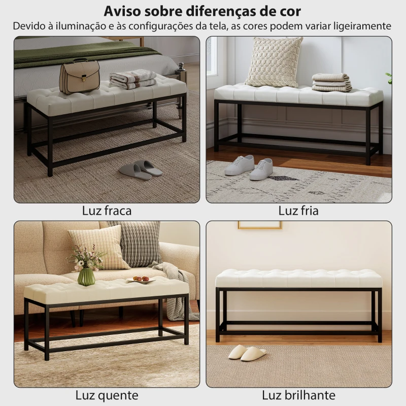 HOMCOM Banco aos Pés da Cama Estofado em Veludo Design Capitonê Base de Metal Banco para Quarto Entrada Sala 117x40x48 cm Creme