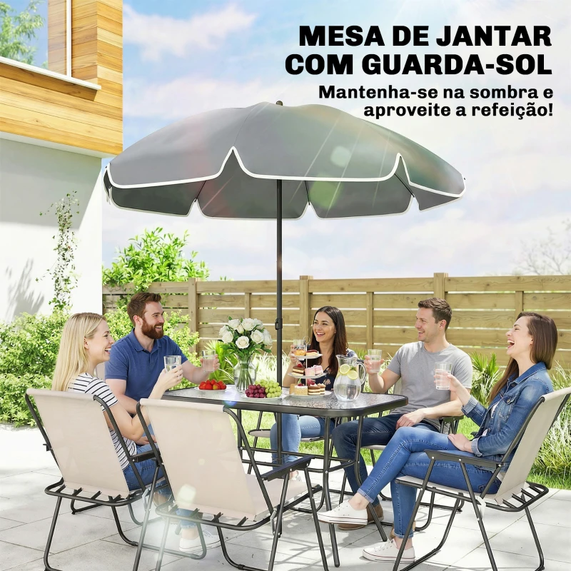 Outsunny Conjunto de Mesa e Cadeiras de Jardim de 8 Peças com Chapéu de Sol 6 Cadeiras Dobráveis e Mesa de Vidro Creme e Cinza