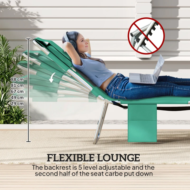Outsunny 5-Position Adjustable Sun Loungers Set of 2 with Reading Hole and Side Pocket, Green