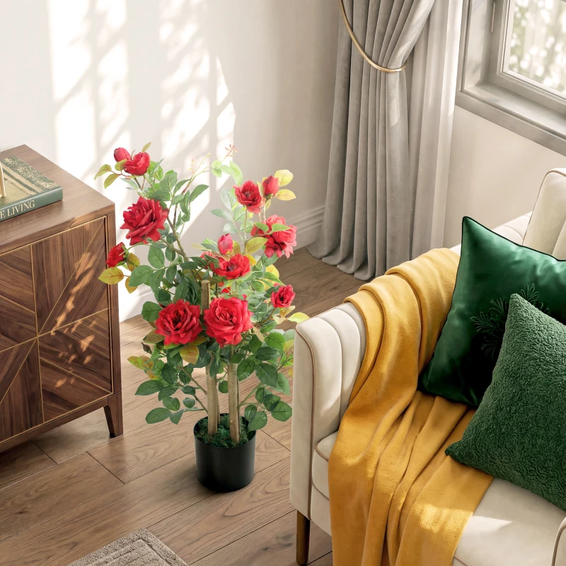 HOMCOM 90cm Artificial Rose Tree, Decorative Fake Plant with 344 Silk Leaves 17 Flowers for Outdoor Indoor Decor, Red