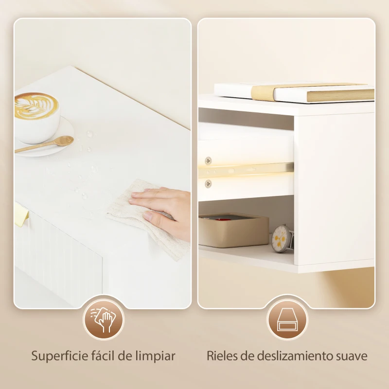 HOMCOM Juego de 2 Mesitas de Noche Flotantes con Cajón con Frente Ondulado y Estante Abierto Diseño Moderno 40x30x25 cm Blanco