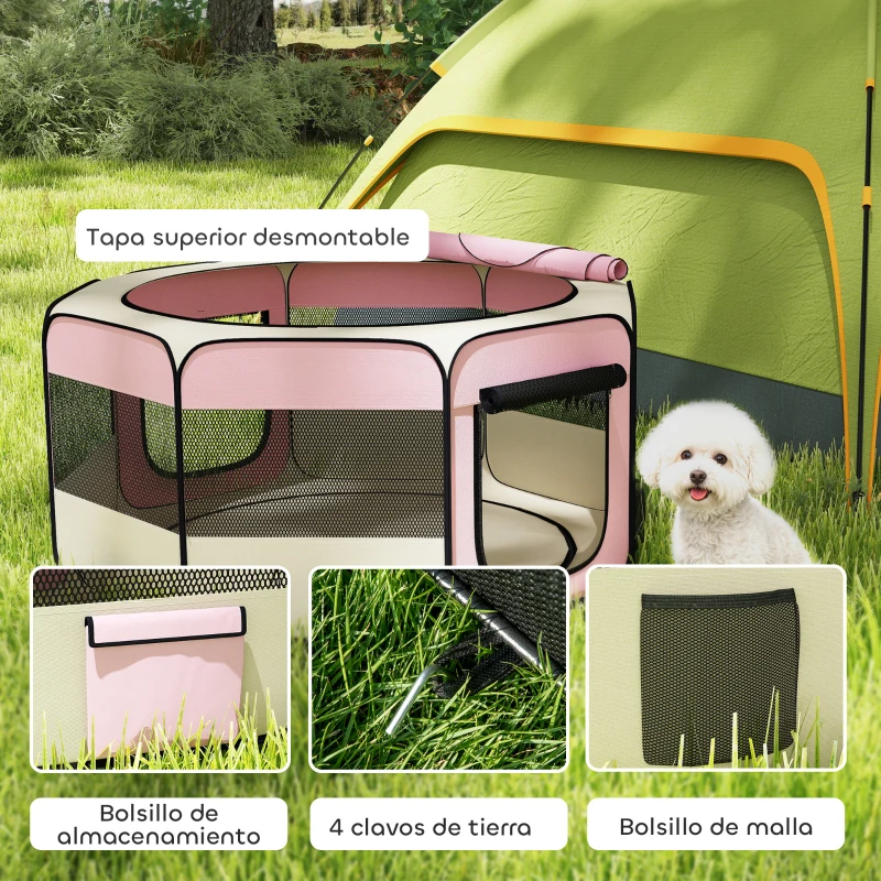 PawHut Parque Plegable para Perros y Gatos Corralito Portátil para Animales Pequeños Impermeable de Tela Oxford Ø120x58cm Rosa