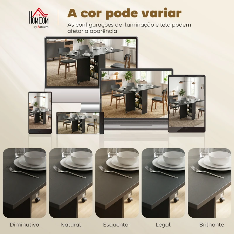 HOMCOM Mesa de Cozinha Dobrável com 2 Prateleiras de Armazenamento e Laterais Dobráveis 75x140x74 cm Preto