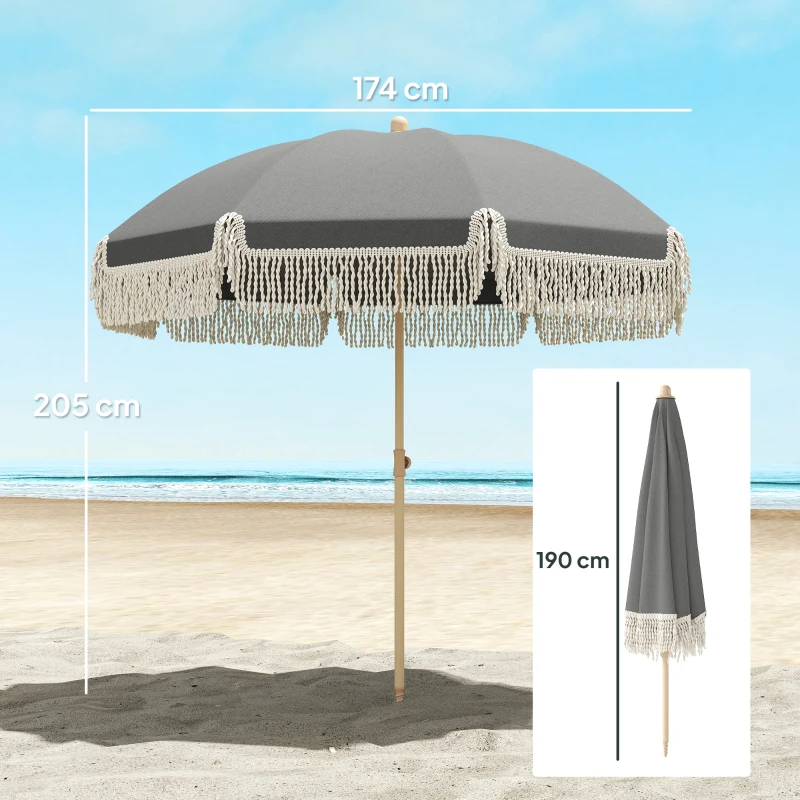 Outsunny 1.7 m Beach Umbrella with Sand Anchor, 30° Tilting Fringed Beach Garden Parasol with Adjustable Height, Grey