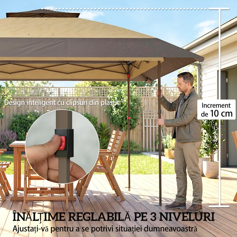 Outsunny Gazebo pliabil 4x4 m cu 4 plase laterale anti-țânțari, acoperiș dublu și saci cu nisip, culoare kaki și maro