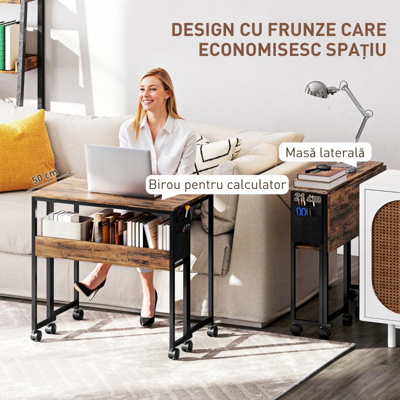 HOMCOM Birou Pliabil cu Raft Deschis și Buzunar Lateral, din Lemn și Oțel, 80x50x75 cm, Maro și Negru