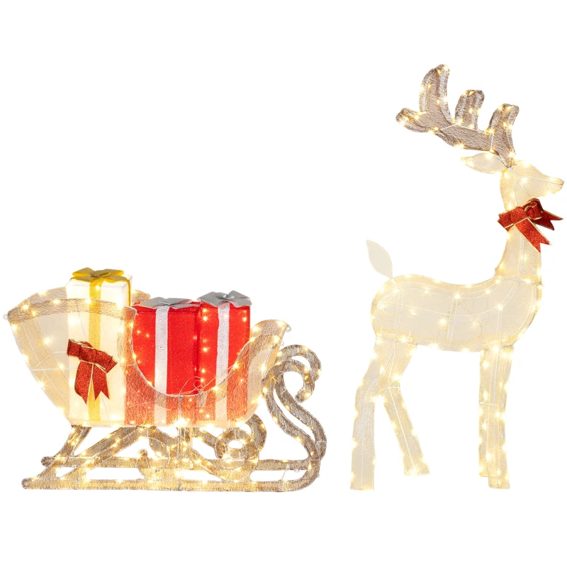 Outsunny Beleuchtetes Weihnachtsrentier mit Schlitten, warmweiße LEDs, Stahlrahmen, wasserfest, Goldfarben