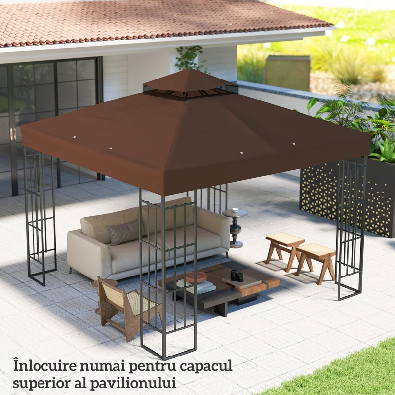 Outsunny Acoperiș de Schimb pentru Foișor 3x3 m cu 2 Niveluri pentru Grădină, Pânză Rezistentă la Apă din Țesătură Oxford 370g/㎡ Anti-UV 30+ cu Orificii de Drenaj, Cafea