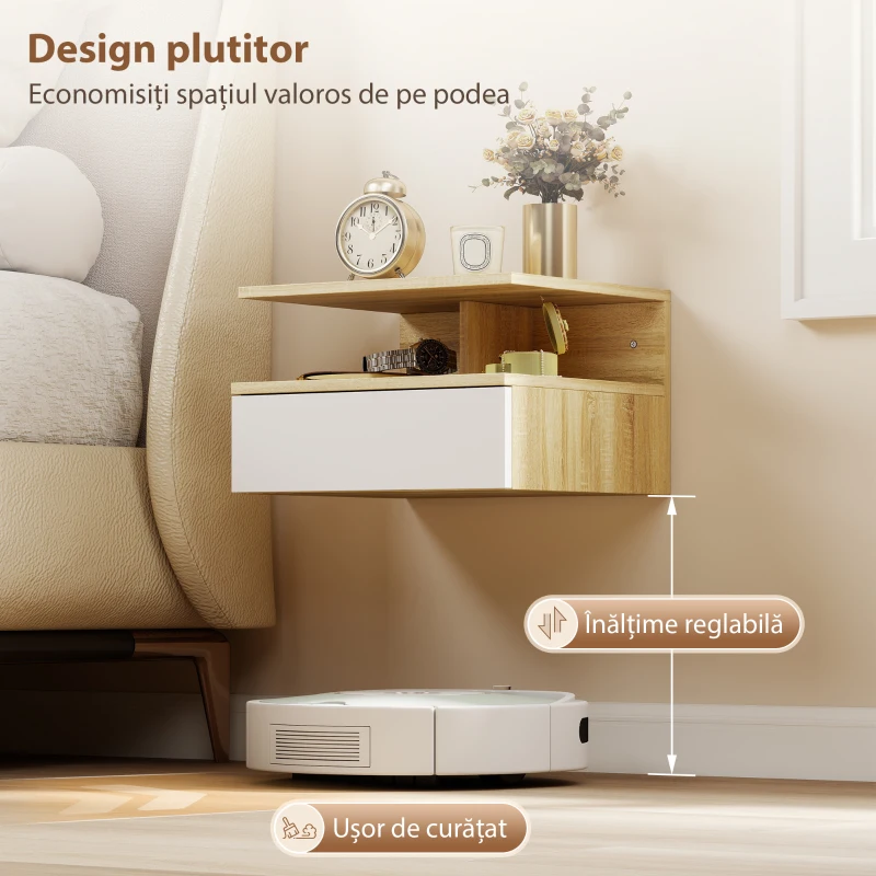 HOMCOM Set de 2 Noptiere Suspendate cu Sertar și Poliță Superioară, din PAL, 35x32x22,5 cm, Alb și Stejar