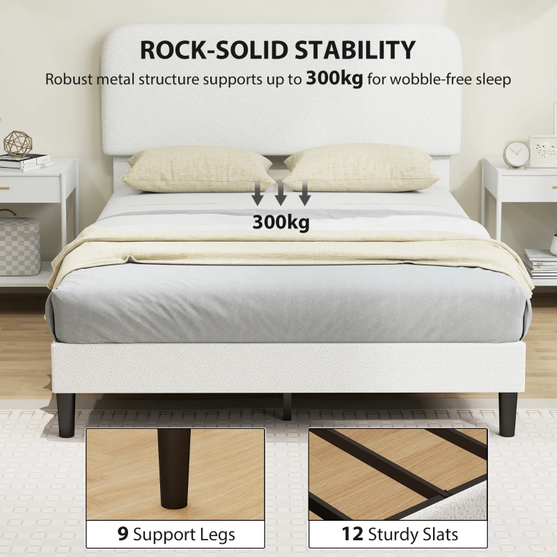 HOMCOM Rama łóżka jednoosobowego z zagłówkiem obitym Teddy-Fleece, metalowa rama łóżka, łatwy montaż, biały