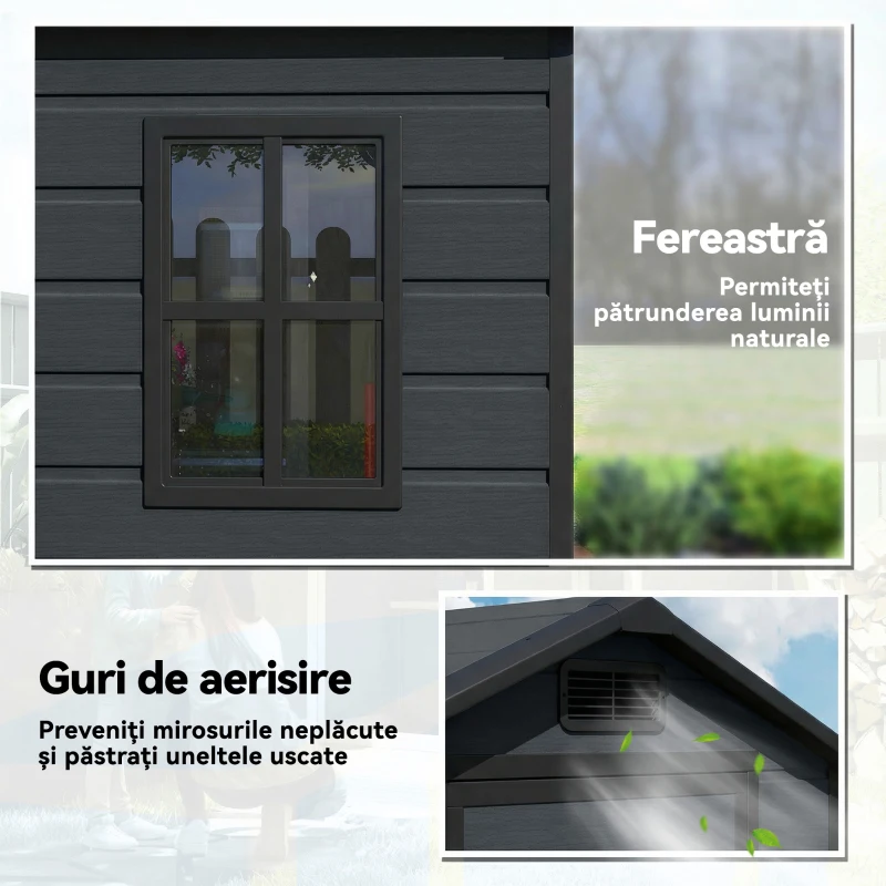 Outsunny Căsuță pentru Unelte cu 2 Intrări, Ferestre și Aerisiri, din PP și Aluminiu, 128x104x196 cm, Gri Închis