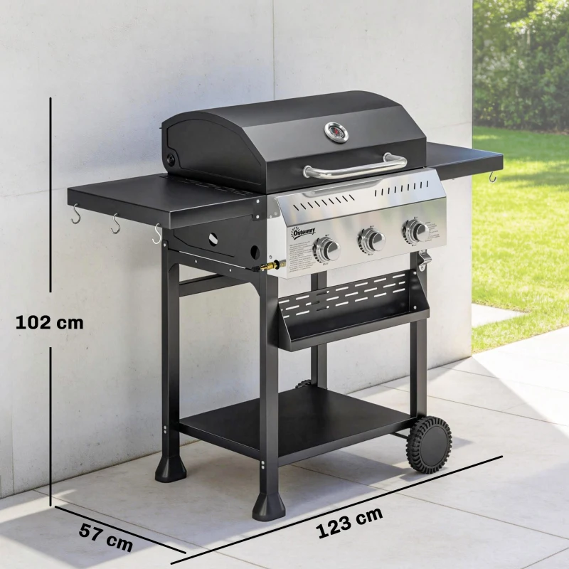 Outsunny Barbacoa de Gas con 3 Quemadores Termómetro Parrilla Mesas Laterales Plegables Estante y Ruedas 123x57x102 cm Negro