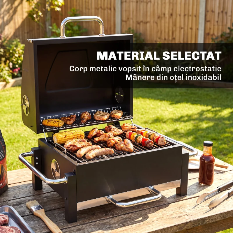 Outsunny Grătar Pe Cărbuni cu Orificii de Ventilație, Sertar pentru Cenușă, Grătar Portabil cu Termometru, Grătare, Capac, Mâner din Oțel Inoxidabil, BBQ pe Cărbuni pentru Grădină Camping, Negru