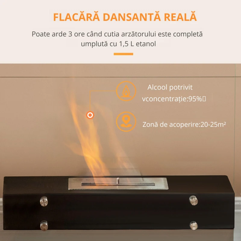 HOMCOM Semineu cu bioetanol din metal si sticla securizata cu ardere de 3 ore cu rezervor de 1,5 l si capac de 25 m², 60x26x50cm, negru