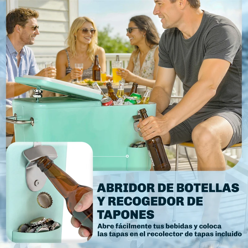 Outsunny Carro de Bebidas Refrigerado 56L con Ruedas Abrebotellas Recogetapas y Asa para Patio Fiesta 75x35x78 cm Verde Claro