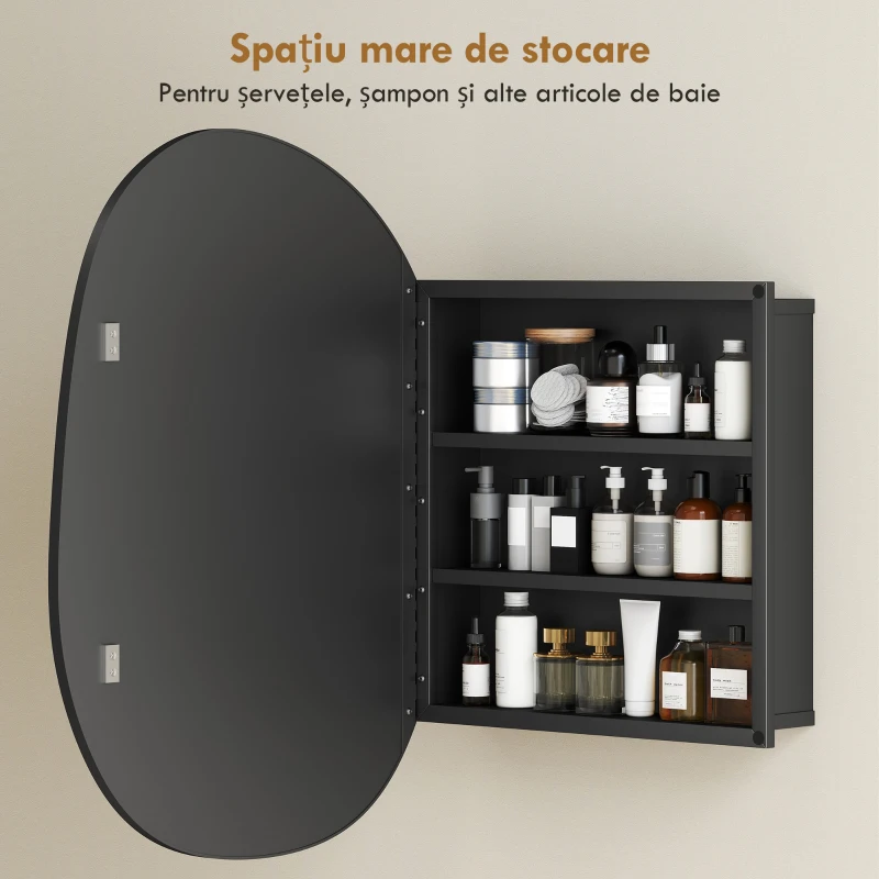 HOMCOM Dulap de Baie cu Oglindă și 3 Rafturi Interioare, Aluminiu și Metal, 61x12x79 cm, Negru