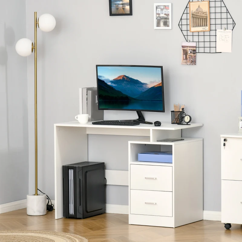 HOMCOM Bureau Informatique 2 tiroirs coulissants 3 étagères dim. 108L x 48l x 76H cm Panneaux Particules MDF Blanc