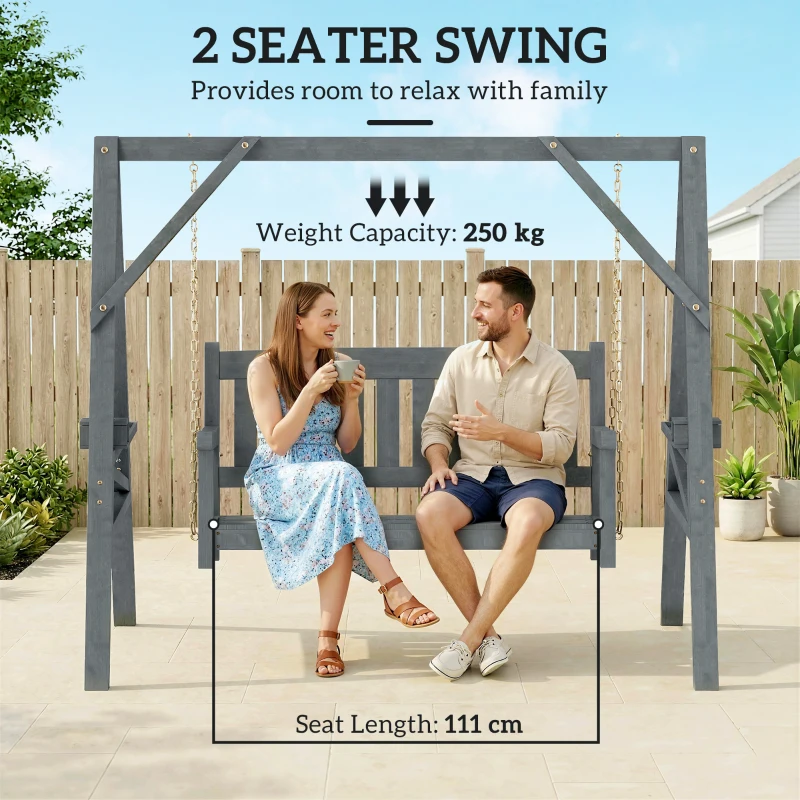 Outsunny 2-osobowa huśtawka ogrodowa z drewna, ławka bujana z półkami, uchwytami na napoje i łańcuchami, szara