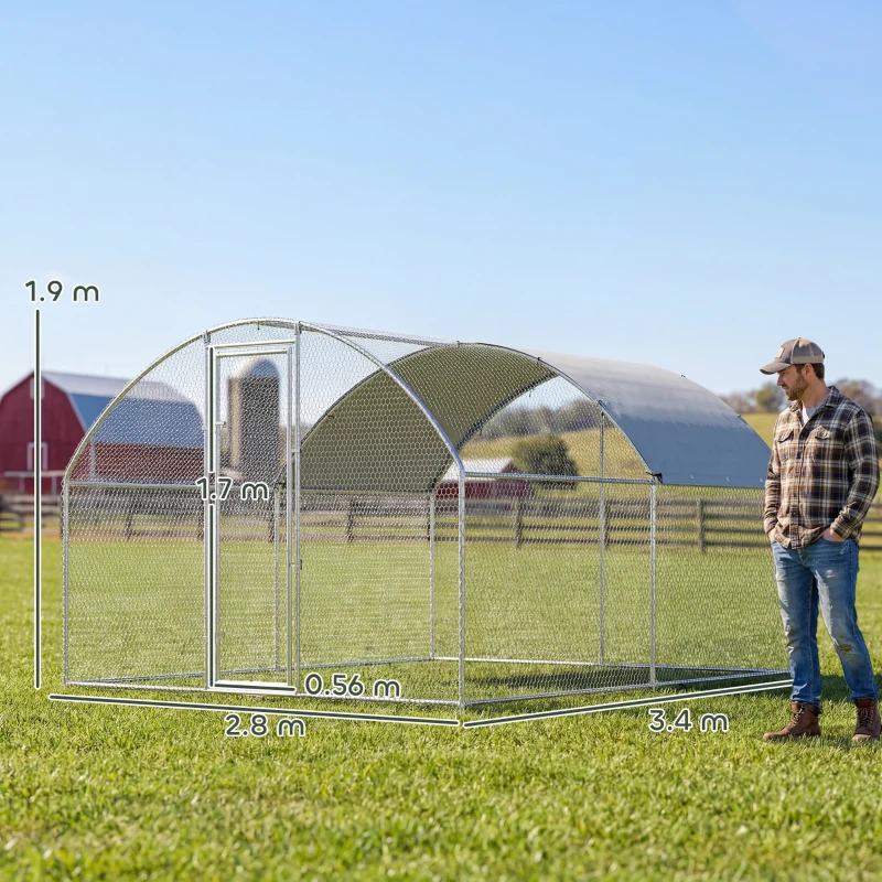 PawHut Țarc pentru Găini de Exterior, 2.8x3.4x1.9m, 9.5㎡ Țarc Metalic din Oțel Galvanizat cu Acoperiș Impermeabil Anti-UV și Încuietoare, Coteț pentru 10-16 Găini, Iepuri și Rațe