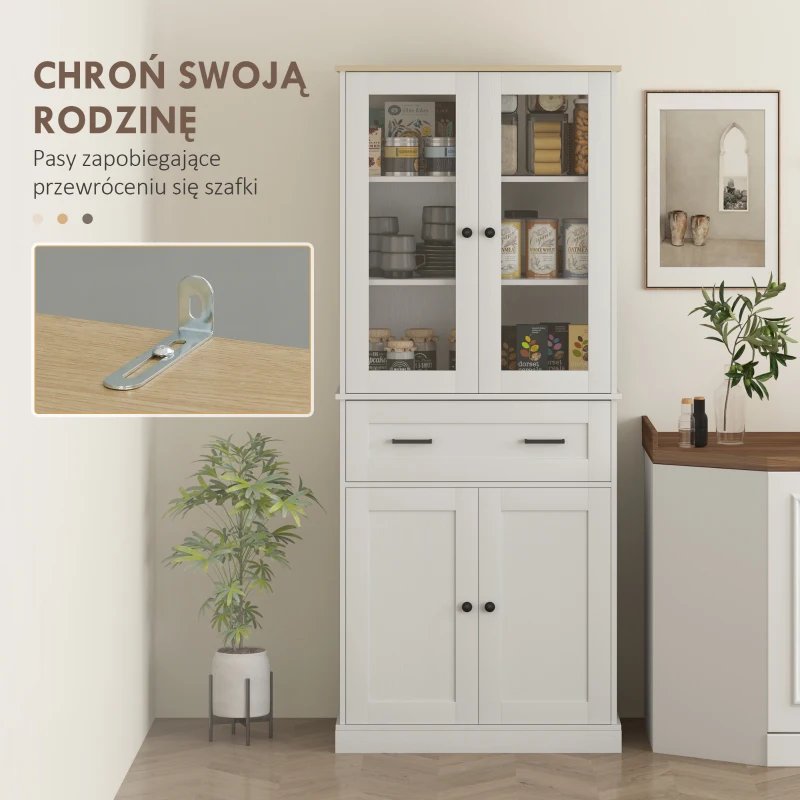 HOMCOM kredens kuchenny z 2 szafkami, drzwiami z akrylowego szkła, regulowaną półką i szufladą. Szafka do kuchni, salonu, jadalni, kremowobiała, 76 x 40 x 182,5 cm