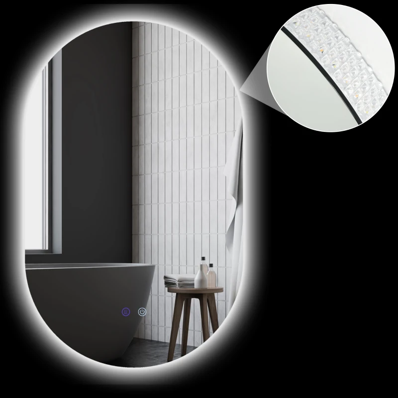 kleankin Miroir ovale mural lumineux LED salle de bain 81 x 51 cm 3 couleurs luminosité réglable interrupteur tactile transparent