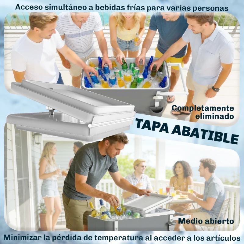Outsunny Carrito Nevera de 56L con Ruedas Estante Abrebotellas Recogetapas Drenaje y Asa para Patio Fiesta 84x38x83 cm Gris