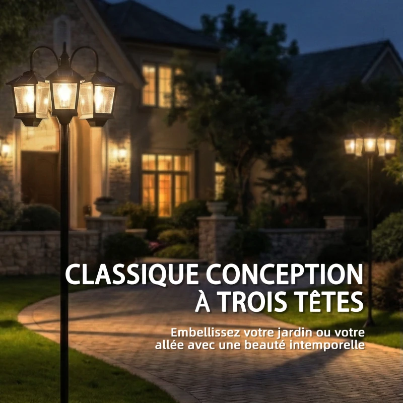 Outsunny Lampadaire extérieur solaire à 3 têtes, lampadaire jardin, éclairage LED, capteur automatique crépuscule à l'aube, noir