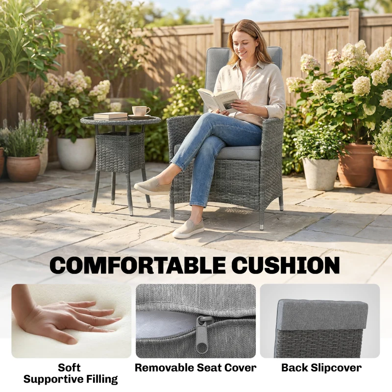 Outsunny Rattan Bistro Set, Reclining Garden Chairs and Glass Coffee Table with Cushions for Patio Balcony Porch, Grey