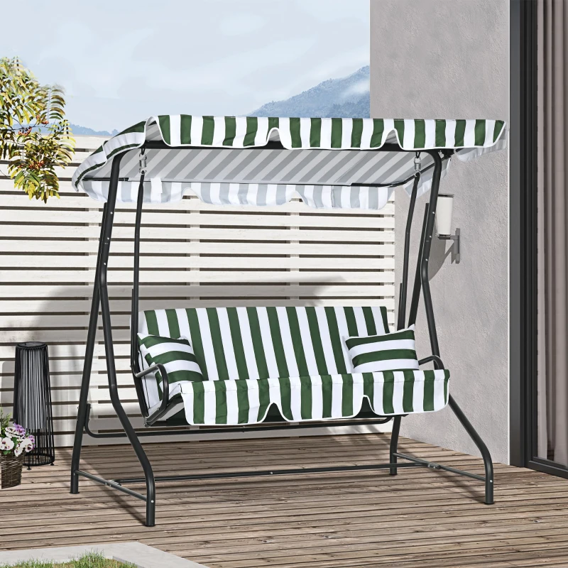 Outsunny Balancelle de jardin 2 places 2 coussins toit réglable acier polyester dim. 175L x 120l x 166H cm vert blanc