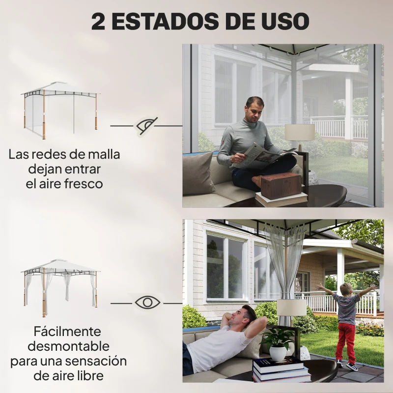 Outsunny Carpa para Jardín con Techo Doble Cenador con Paredes de Malla UPF50+ para Exterior Terraza 360x300x275 cm Crema y Teca