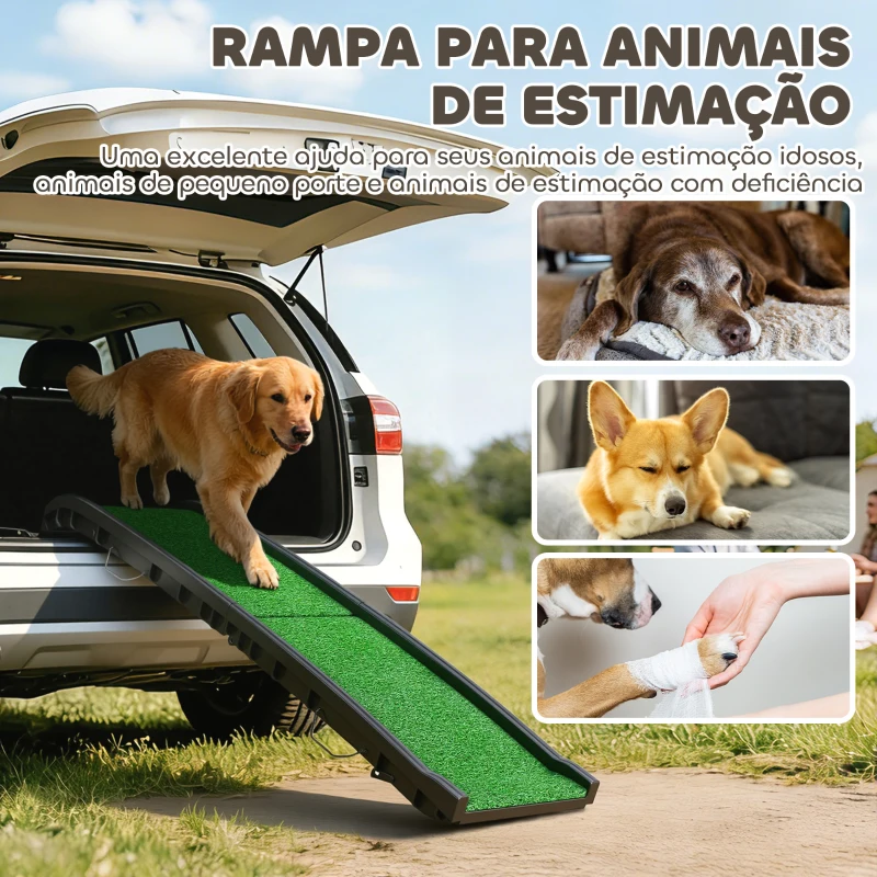 PawHut Rampa para Cães com Relva Artificial 155 cm Dobrável com Pega Ângulo Ajustável Verde