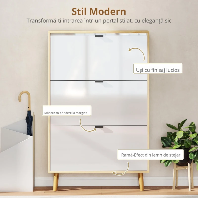 HOMCOM Dulap Slim Modern pentru Pantofi, cu 3 Sertare Rabatabile pentru 24 de Perechi, 80x24x127 cm, Alb