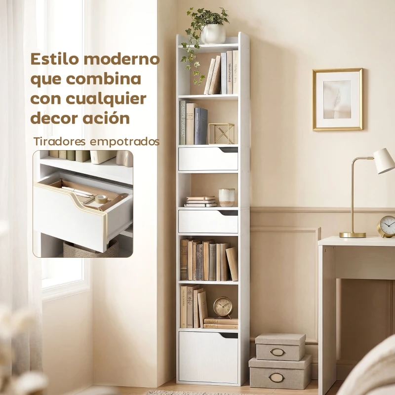 HOMCOM Estantería para Libros con 2 Cajones y Puerta Librería Estrecha con 6 Estantes Abiertos 32x24x181,5 cm Blanco