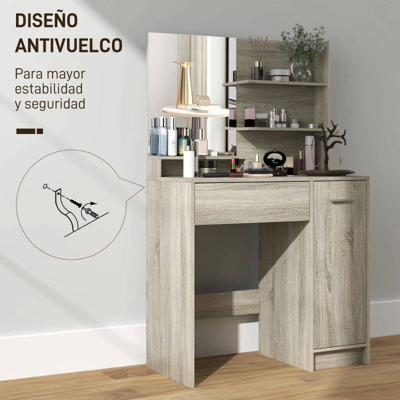 HOMCOM Schminktisch mit Hocker, Spiegel, offene Regale, Schublade und verstellbares Regal, Kippschutz, Natur und Beige