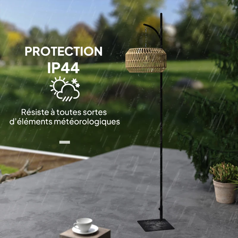 Outsunny Lampadaire solaire extérieur résine tressée, lampadaire bohème 178cm, capteur de lumière, éclairage automatique, jaune