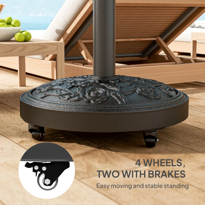 Outsunny Parasol Base, Umbrella Base with Wheels Cast Iron Effect, for Umbrella, Canopy, Weather Resistant, Black