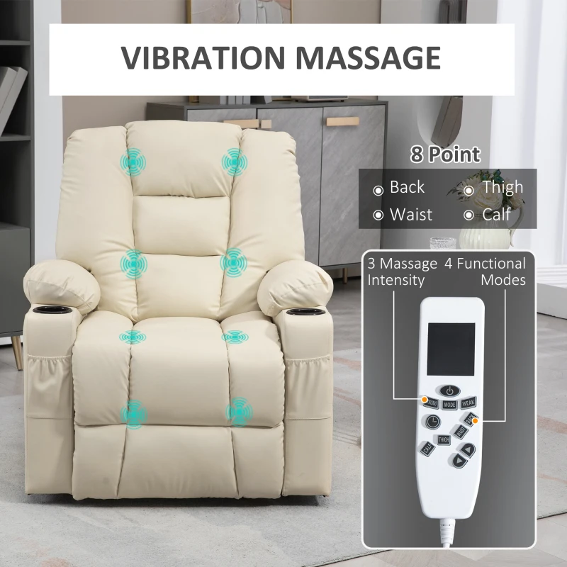 HOMCOM Fotel masujący z funkcją wyjścia dla seniorów, z pilotem zdalnego sterowania, 4 tryby masażu, 90 cm x 98 cm x 102 cm, Kremowy
