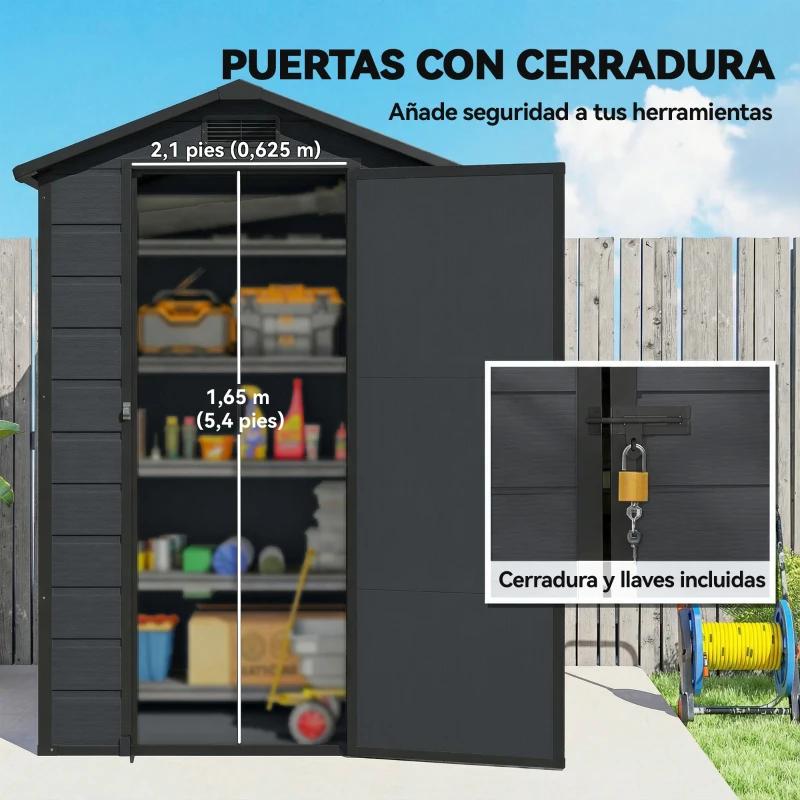 Outsunny Cobertizo de Jardín Exterior 1,09 m² 128x104x196 cm con Suelo Puerta con Cerradura Ventana y Ventilación Gris Oscuro