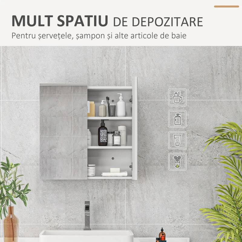kleankin Dulap cu Oglindă pentru Baie cu 2 Uși Soft Close, 60x15x60 cm, Rafturi Reglabile, Dulap Suspendat Spațiu Economic, Alb Lucios