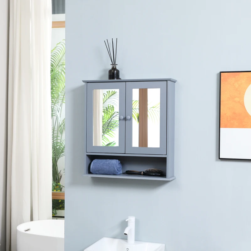 kleankin Armoire Murale étagère Salle de Bain 56L x 13l x 58H cm Double Porte Miroir étagère réglable MDF Gris